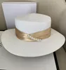 Wide Brim Hats Flat Bowler Hat For Women Elegant British Artist Straw Ribbon Bead Pearl Visor Sun Girls Sunscreen Caps