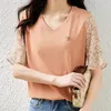 Women's T Shirts Chiffon Cotton T-shirt Summer 2023 Solid Loose Tees Kort ärmar Toppar Patchwork V-Neck Ladies Clothing Ycmyunyan