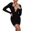 Vestidos Casuais Feminino Sexy Criss Halter Tie Up Ruched Bodycon Dress Manga Longa Recorte Mini Short Fall Streetwear DropShip