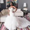 2021 Vintage Sexy African Mermaid Wedding Dresses Sweetheart Illusion Lace Appliques Crystal Beaded Ruffles Tiered Organza Formal 178o