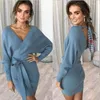 Casual Kleider Elegante Langarm Bodycon Kleid Frauen 2023 Gürtel Pullover Wolle Frau Frühling Pendeln Mini