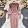 Casual Kleider Frauen Puff Langarm Stricken Bodycon Kleid Mit Knopf Vintage Französisch Mode Vestidos Slim Enge Elegante Büro Dame y2k