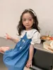 Girl Dresses Cute Girls Dress Summer Puff Sleeve Pearls Collar Bow Blue Denim 2023 Fashion A-Line Thin Princess Sundress