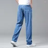 Mäns jeans Loose Thin for Business Mid-High midjan Stretch Summer Casual Classic Denim Trousers Male Black Blue Grey Pants