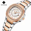 Inne zegarki 2022 Marka Woor Rose Gold Watches Women Fashion Diamond Ladies Kwarcowy Kwarcowy zegarek żeńska stal nierdzewna Wodoodporna data J230728