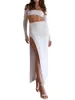 Dames Trainingspak Dames S Elegante off-shoulder crop top met ruches en maxi-rok met hoge taille Set - Chique tweedelige outfit voor een stijlvolle look