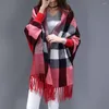 Scarves Women Autumn Striped Cloak Female Long Sleeves Cape Outside Street Wear Winter Knitted Plaid Cardigan Vintage Tassel Shawl Coat