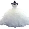 2021 kristallen kogel jurk trouwjurken strapless korset sweetheart organza ruches kathedraal trein bruidsjurken221y