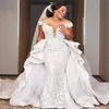 Luxe arabe hors épaules robe de mariée sirène dentelle appliques robes de mariée pure cou détachable train plus la taille africaine Custo199K