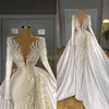 Luxury Pearls Mermaid Wedding Dresses with Overskirt V Neck Satin Long Sleeve Bridal Gowns Elegant Wedding Dress robes de mariee2497