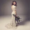 Vintage Boheemse Trouwjurken Schede Backless Full Lace Boho Bruidsjurken met Illusie Korte Mouwen Sweep Trein Strand wedding265c