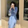 Casual Kleider Deeptown Büro Dame Band Blau Gestreiftes Hemd Kleid Frauen Koreanische Mode Elegante Einteilige Langarm Midi Ästhetik