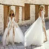 Deep V Neck Lace Jumpsuit 2021 See Through Wedding Dresses with Detachable Train Long Sleeve Bridal Gowns vestido de novia207r
