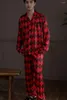 Couple de vêtements de nuit pour femmes en satin rouge imprimé 2 pièces pyjamas ensemble simple boutonnage manches longues haut et pantalons costumes