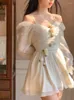 Robes décontractées en mousseline de soie élégant doux Kawaii robe florale femmes manches évasées Vintage français automne hors épaule fée fête Mini