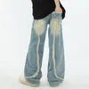 Heren Jeans Y2K Kwastje Ruwe Rand Gescheurd Gewassen Blauwe Broek Unisex Rechte Retro Elastische Taille Baggy Denim Broek Oversized Cargos