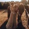 Champagne Country Western Wedding Gowns With Long Sleeves Retro Cowgir V-Neck Bohemian Lace Bridal Dresses Sweep Train Tulle A Lin244H