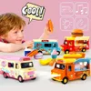 Diecast Model Cars Pull Back Car Food Truck Vehicle Toy Car with Music Light and Openable Doors Awning Ice Toy Cart Alloy Toy Trucks x0731