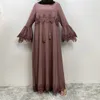 Abbigliamento etnico Cintura con nappe Abito lungo Splicing Decal Design Musulmano Robe Flare Petal Sleeve Kaftan Tinta unita Abaya Jalabiya Per le donne