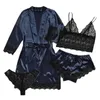 Vêtements de nuit pour femmes 4 pièces femmes sexy jarretière ensemble de lingerie robes body en dentelle sous-vêtements col en V profond glace soie satin pyjamas chemise de nuit vêtements de nuit