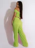 Dames tweedelige broek 2023 mode effen kleur off-shoulder sexy omwikkelde borst wijde pijpen set