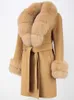 Kvinnors päls faux päls Ofbuy 2023 New Fashion Winter Jacka Women Real Fur Coat Natural Wool Blends Cashmere Double Breasted Belt Overcoat Streetwear HKD230727