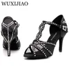 Dansskor wuxijiaolatin dansskor kvinnors middag dansskor brons hud svart satin mesh glänsande strass salsa skor höga klackar 9 cm 230729