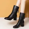 Botas Knight Para Mulheres 2023 Outono Inverno Cabeça Redonda Atrás Zíper Couro Preto Plissado Salto Médio da Panturrilha Bota Fina Sapato Fashion