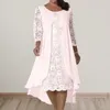 Casual Dresses Round Neck Lace Dress Elegant Embroidered A-line Midi For Plus Size Women Double Layers Three Quarter Party