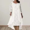 Casual Dresses Round Neck Lace Dress Elegant Embroidered A-line Midi For Plus Size Women Double Layers Three Quarter Party