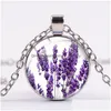 Pendant Necklaces Beautif Lavender Bloom Branch Necklace Purple Flower Field Patterns Glass Round Charm Female Hopef Drop Delivery Jew Dhipe