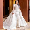 Fabuloso plus size vestidos de noiva de renda sereia com trem destacável decote em joia frisado mangas compridas vestidos de noiva tule vestido de266f