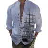 Men's T Shirts 3D Digital Boat Print Pocket Buckle Lapel Short Sleeved Shirt Flower Streetwear