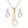 Conjunto de brincos de colar de aço inoxidável coreano moda dedo coração gesto pingentes colares para mulheres homens stud femme