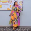 Ethnic Clothing African Printed Maxi Dress Women Pleated Half High Neck Long Sleeve Loose Fit Party Club