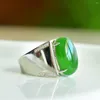 Anelli a grappolo Anello in argento sterling 925 con giada verde naturale per uomo Donna Fine Jewelry Nephrite Hetian Jades Square Oval regolabile