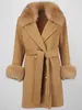 Women's Fur Faux Fur OFTBUY 2023 New Fashion Winter Jacket Women Real Fur Coat Natural Wool Blends Cashmere Double Breasted Belt Overcoat Streetwear HKD230727