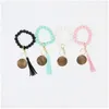 Keychains Lanyards Fashion Wooden Bead Bracelets Beech Tassel Key Chain Party Pendant Leather Bracelet Women Keychain Ladies Wood Wr Ot3Uq