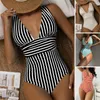 Women's Swimwear 2023 Sexy Striped Patchwork Women One Piece Swimsuit Female Deep V-neck Bathing Suit Beach Wear Push Up Monokini Sw