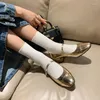 Dress Shoes Summer Square Head Gold Dames Mid Heel Cow Leather Rib Sole Buckle Sheepskin Insool