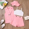 Ensembles de vêtements 1 6Y Enfants Filles Vêtements D'été Ensemble Bébé Sans Manches Revers Blazer Manteau Débardeurs Boutons Shorts Chapeaux 4 Pcs Enfants Costumes 230731