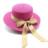 Wide Brim Hats Female Summer Sun Straw Caps 57-58cm Flat Champagne Bow Strap Solid Color Small Beach Travel Fashion Ladies TY0216