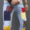 Men's Jeans Men Slim Fit Patchwork Color Lump Skinny Cacual Straight Elasitc Long Denim Pants Male Moto Biker Streetwear Light Blue