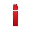 Casual Dresses 2023 Red Bandage Dress Stretch Tight 2 Pieces Set Ladies Celebrity Party Evening Fashion High Quality Long