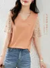 Women's T Shirts Chiffon Cotton T-shirt Summer 2023 Solid Loose Tees Kort ärmar Toppar Patchwork V-Neck Ladies Clothing Ycmyunyan