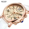 Andra klockor Megir Woman's Chronograph Quartz Watch med 24 timmar och kalender Display White Leather Strap Wrist Stopwatches for Ladies 2058L J230728