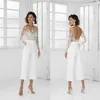 Pas cher Sexy Combinaison Robes De Mariée Manches Longues Sheer Cou Dos Nu Dentelle Appliqued Thé Longueur Plage Bohème Robe De Mariée Bridal2966