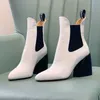 Luxe merk Chelsea enkellaars ontwerper reliëf 100% koeienhuid elastische band damesschoenen mode spitse neus 9CM hoge hak laarzen, eersteklas dameslaars fabriekslaarzen