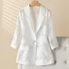 Women's Suits Luxury Summer Women Flowers Organza Sun Protection Blazers Coat Floral OL Hollow Out Gauze Suit Cardigan Half Sleeve Blue Tops