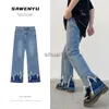 Men's Jeans Stitching Raw Edge Flared Jeans High Street Trend Wide Leg Pants Hiphop Casual Loose Washed Straight Denim Trousers Oversize J230728